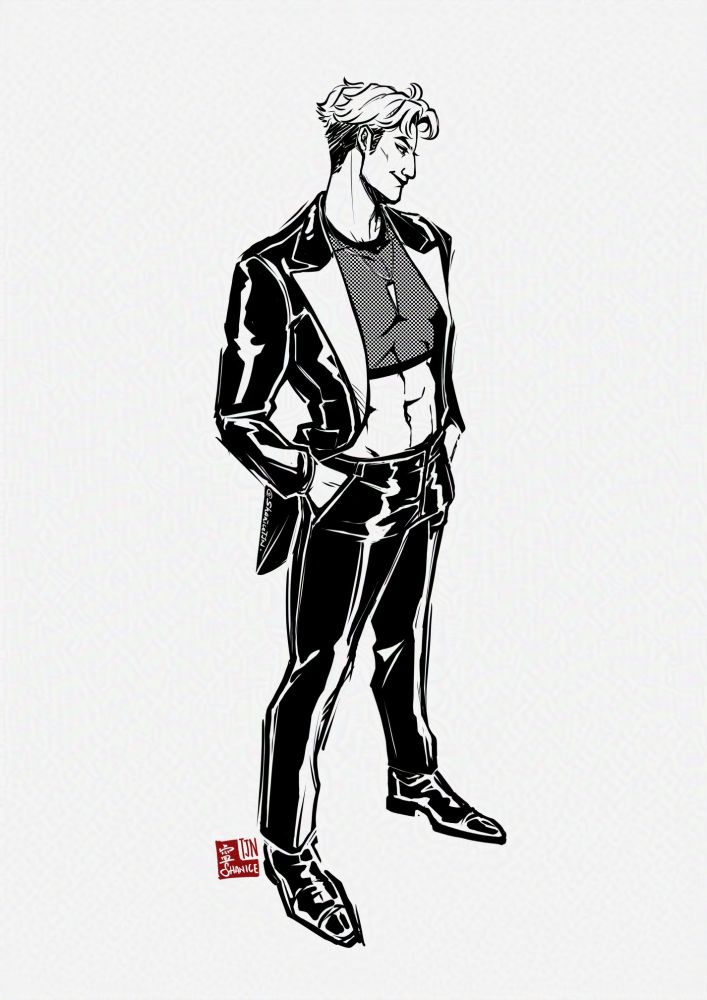 Digital full-body ink artwork of Abby Saja of the Saja Boys from KPop Demon Hunters.

He is in a black suit and dress shoes with a mesh crop top. Abby is smirking at something off-screen to his left.

Artwork by ShaniceTJN.