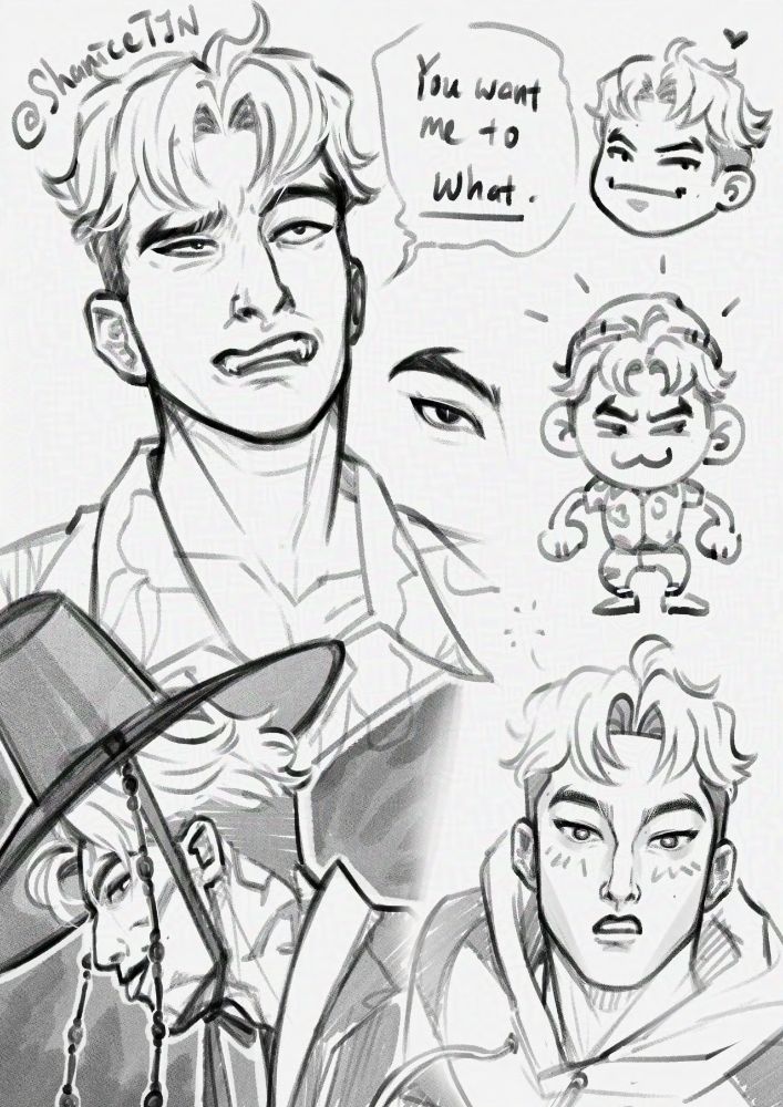 A digital greyscale sketchpage of Abby Saja of the Saja Boys from KPop Demon Hunters. It consists of 2 chibis, 3 portraits and a doodle of his right eye.

The top left portrait has a speech bubble that says "You want me to what."and has @ ShaniceTJN written above it.