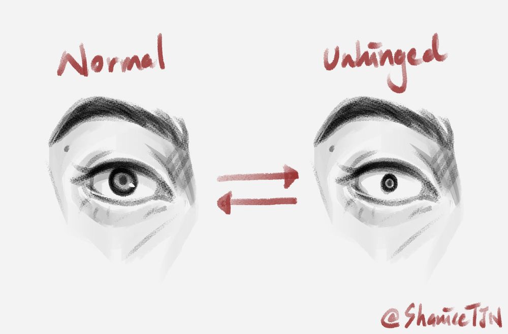 A doodle of 2 right eyes that shows the pupil shrinking when going from a "normal" state to an "unhinged" state and vice versa. Something that is usually seen in animation or comics.