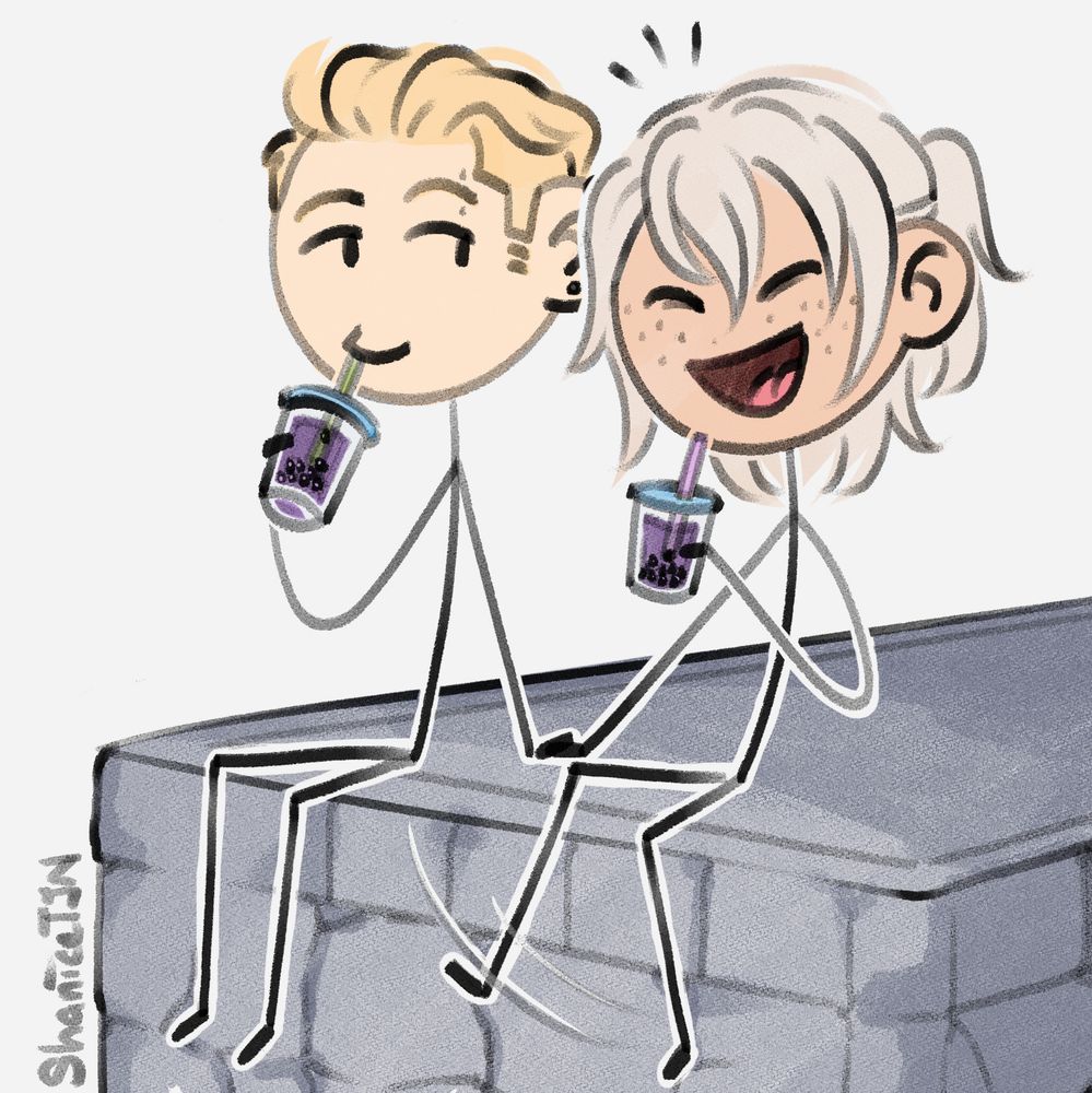 A stickman commission of Khonri's OCs, Therion and Morgan.

Therion is on the left and Morgan is on the right. They're both enjoying taro-flavoured bubble tea while holding hands and sitting by the edge of a stone dock.

Text in artwork reads ShaniceTJN.