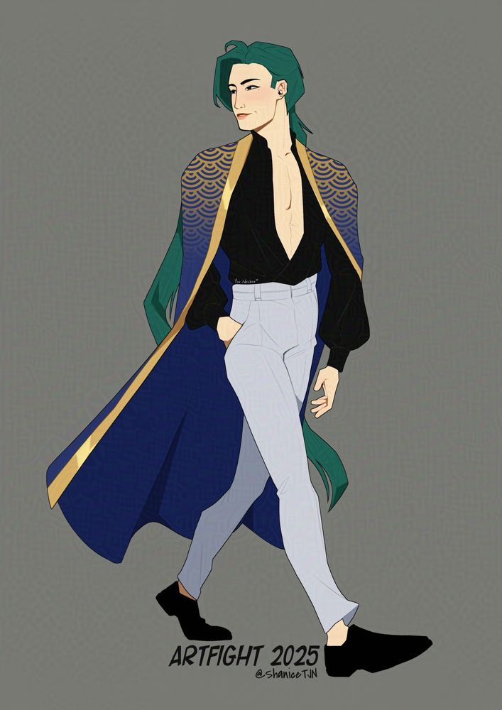 Digital full-body artwork of @neckar's OC, Uken Susumu. It is drawn in the style of KPop Demon Hunters.

Susumu has long green hair that is neatly tied into a ponytail and is wearing a blue cape with Japanese-inspired patterns, a black open front top, white trousers and black dress shoes. He is walking while looking back over his shoulder with a hand in his pocket. Susumu has a soft smile on his face.

Written text in the artwork reads ArtFight 2025 @ ShaniceTJN.