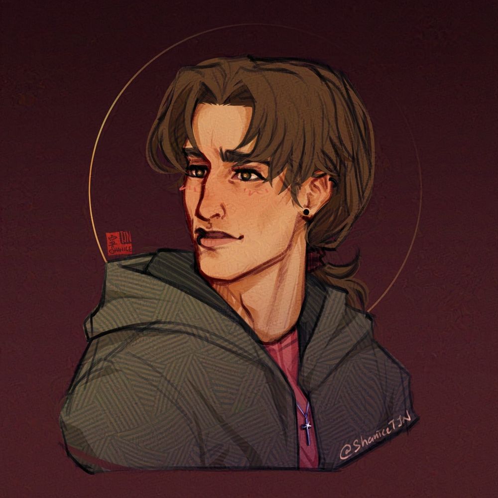 A digital portrait doodle of ShaniceTJN's OC -- Amadeo.

He has long light brown hair that is tied up into a low ponytail and a middle-parted fringe. Amadeo has two piercings on both his ears, a lower lip piercing and is wearing a silver cross necklace. He has light brown eyes and is wearing an olive-coloured hoodie with a red T-shirt. Amadeo is smiling gently and is looking to his right.