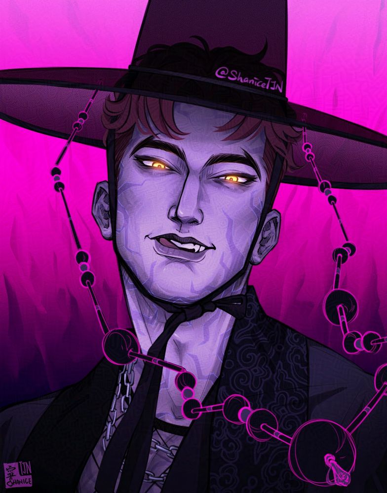 A digital portrait artwork of Abby Saja of the Saja Boys from KPop Demon Hunters in his demon form. He is wearing his modern Jeoseung Saja (Grim Reaper) outfit and is licking his lips while looking straight at the viewer.

Written text in image reads @ ShaniceTJN.