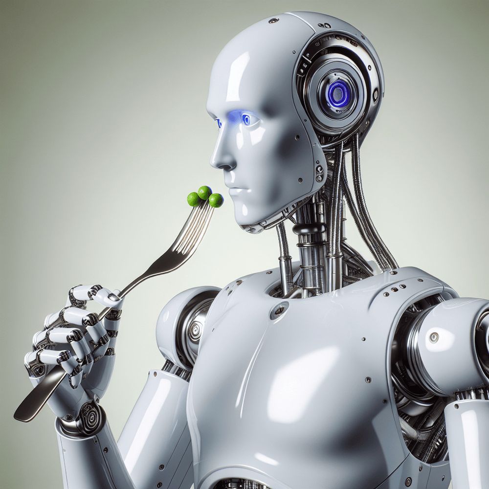 Robot eating peas with a fork, politely.