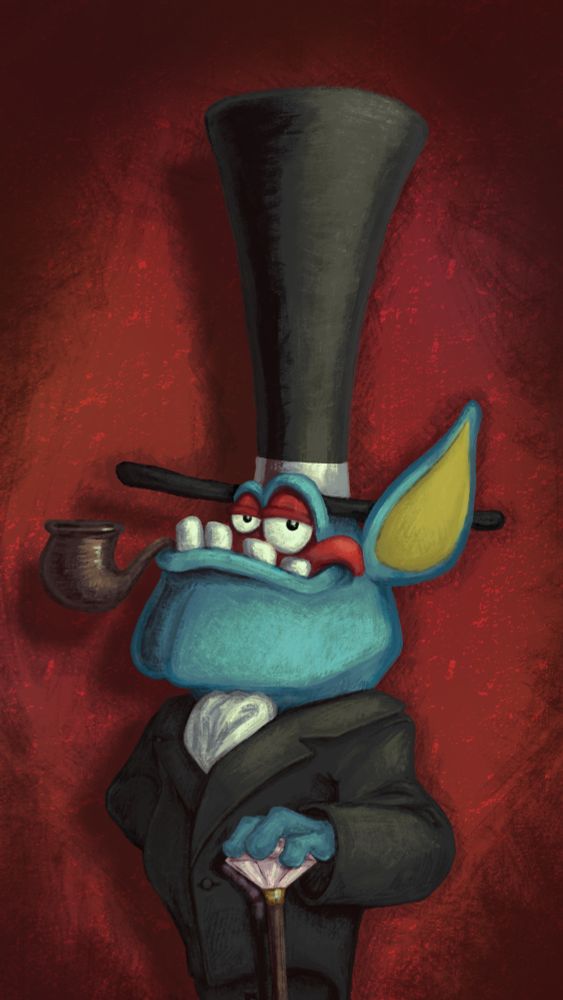 A painterly rendition of the character Duke from the game Yooka-Laylee. He is a blue monster with a prominent chin, a toothy underbite, and big ears. He is wearing a black suit with a cravat and a very tall top hat. He has a fancy pipe in his mouth and a cane with a diamond on top. The Duke looks more rich and handsome in the painting than he does in the game. The painting is done in a realistically-rendered cartoon style, like some comedic scenes from SpongeBob and The Ren and Stimpy Show, and is meant to be a little absurd and silly. 