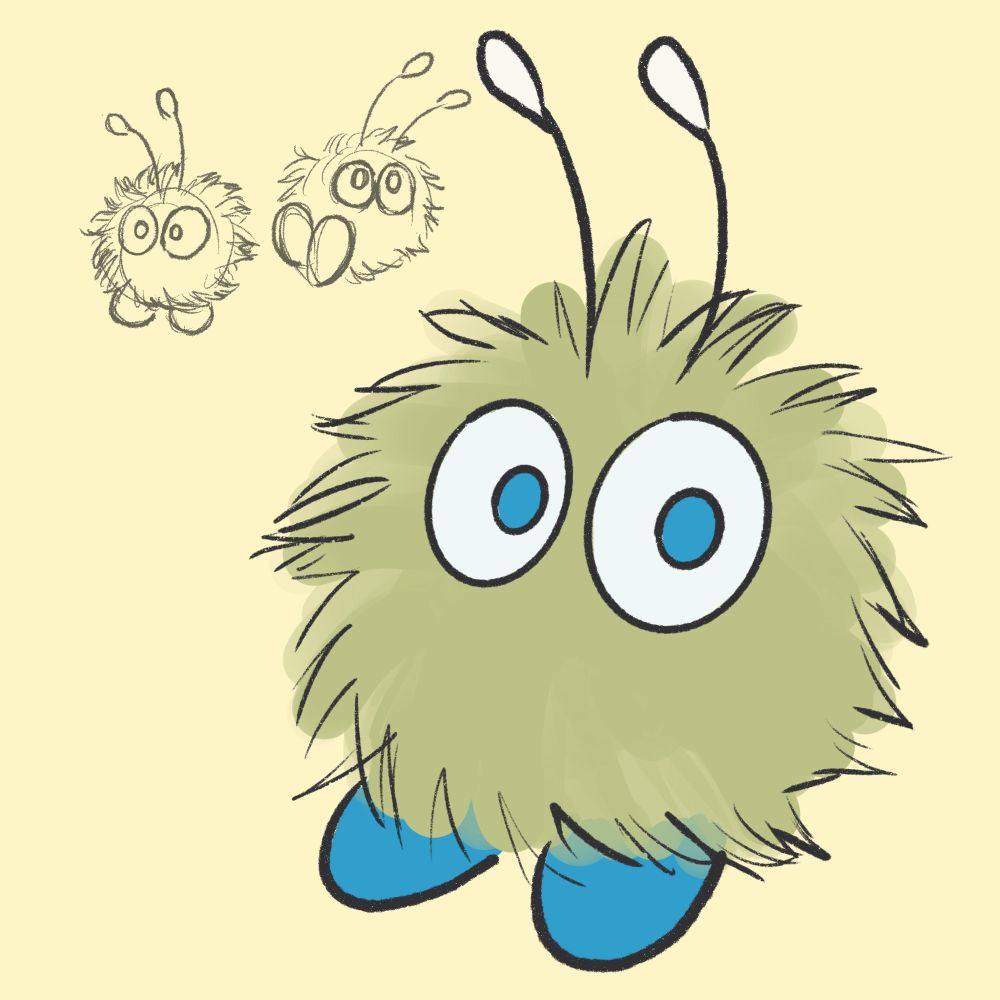 A drawing of a pom-pom toy with googly eyes, feet, and antennae.