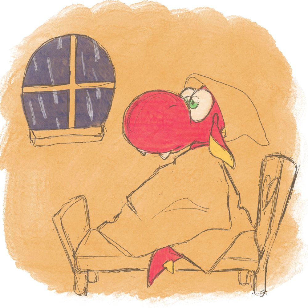 A cartoon drawing of a red dragon named Dulcimer. He is bundled in a blanket, with a nightcap, on his bed, and looking out the window at a rainy night. 