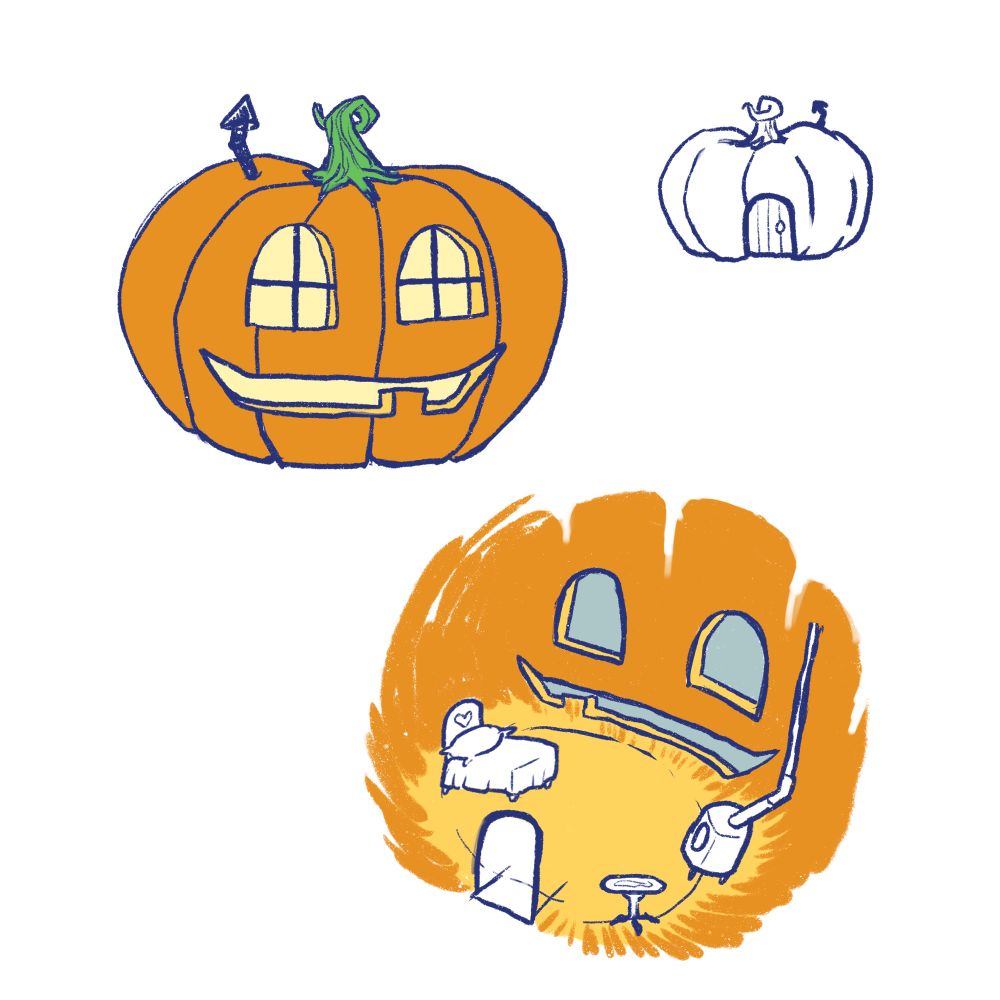 A Jack-o-lantern house with windows for eyes, a chimney, and a door on the back. Inside there is a bed, table, and a fireplace.