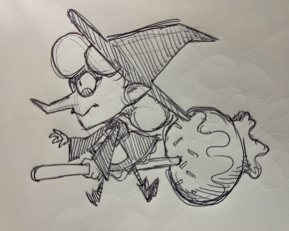 A pen drawing of a witch riding a candy apple broom. The witch’s name is Carmela.