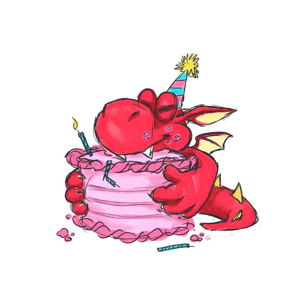 A drawing of Dulcimer, a red dragon, wearing a birthday party hat and hugging and eating a giant pink cake.