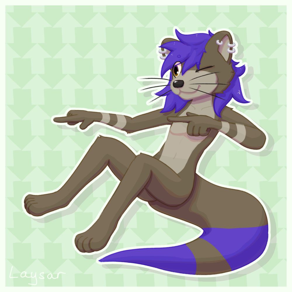 a fullbody drawing of an anthro otter with purple hair and tail stripes. he is doing fingerguns