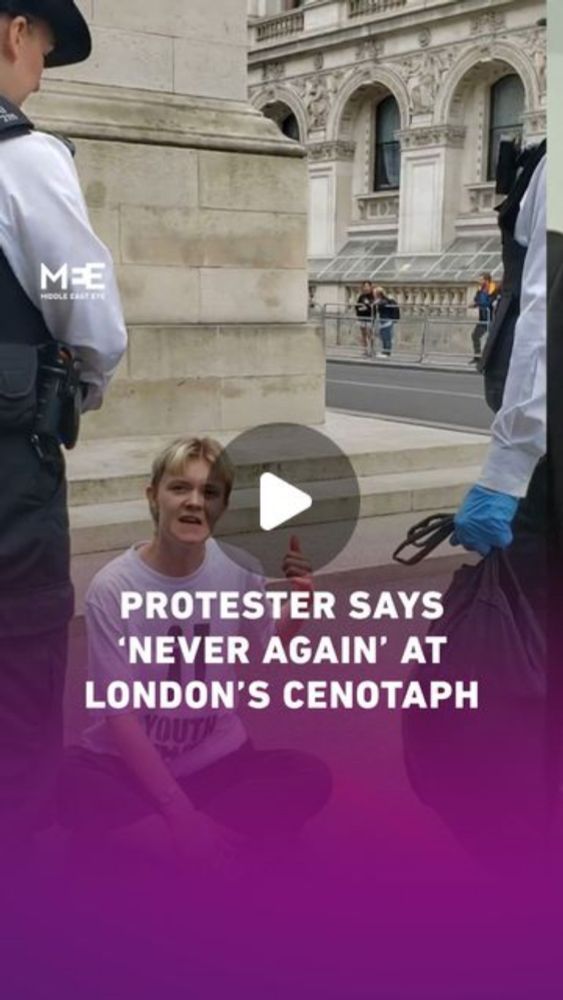 Middle East Eye on Instagram: "“Never again means never again.”

Activist group Youth Demand laid a Palestine flag at London’s Cenotaph and painted pro-Palestine slogans on the ground next to the monu...