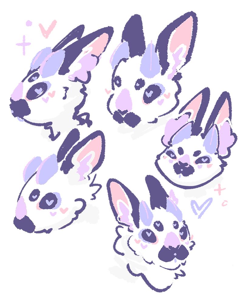 Five digital sketches of my cutesy demon bunny / rabbit fursona with big ears, four heart-shaped pupils, and pastel pink, purple, and white colours. Drawn on Clip Studio Paint. 