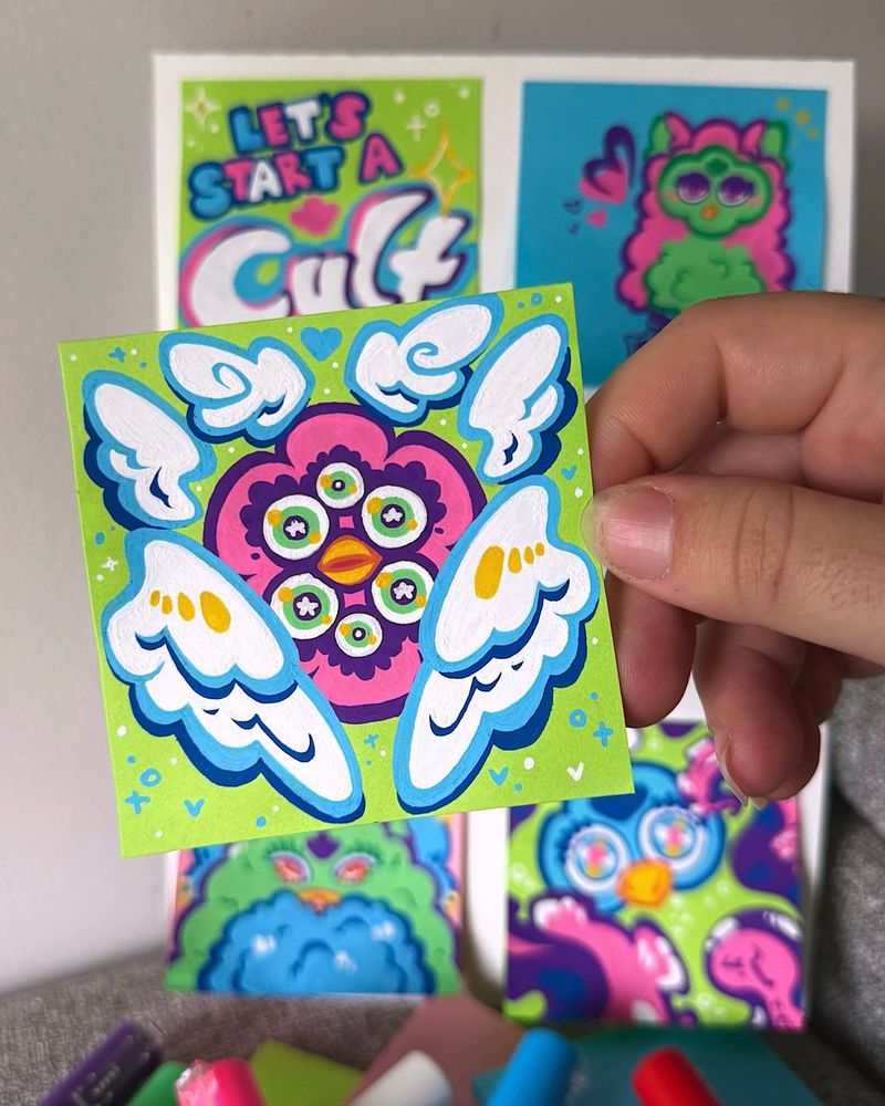 Posca marker drawing of an angelic furby on a sticky post it note for the upcoming 4th annual Sticky Show in Vancouver BC. 