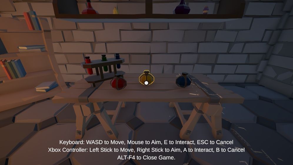 Three coloured potions sit on a table. The center potion is highlighted in yellow by the players cursor.