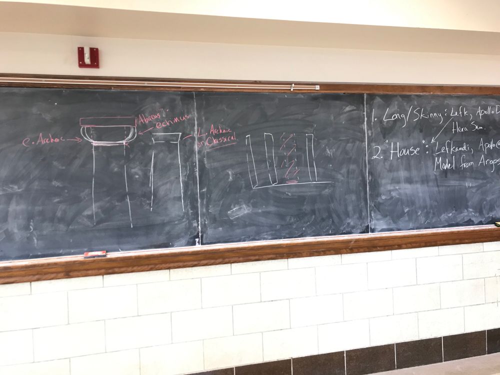 A classroom blackboard covered in notes and drawings about Ancient Greek archaeology.