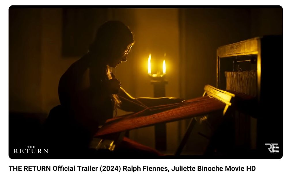 Screenshot from the trailer for The Return. All rights belong to the creator, I just grabbed it off of YouTube 

https://youtu.be/tLlcIfmqcPw?si=XZBWoTk7M7DgJTEx

Description: in a dimly lit close-shot a woman sits at a horizontal loom, weaving (or un-weaving) a large, dark red fabric.
