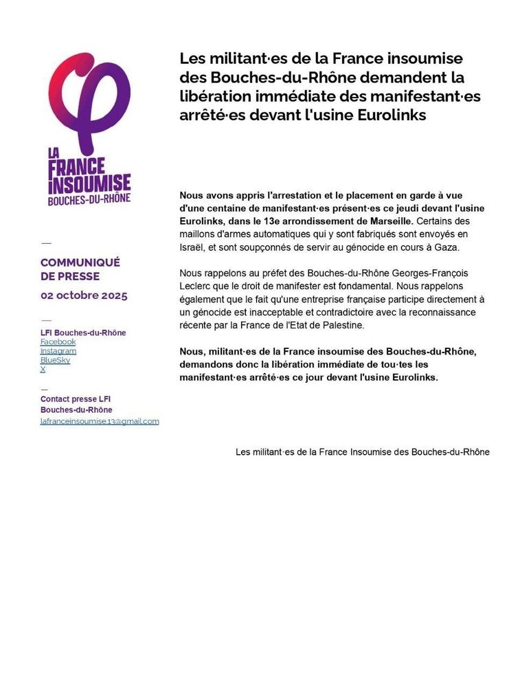 Communiqué de presse de LFI d'alerte et de protestation contre les arrestations des manifestants devant Eurolink à Marseille qui fournit l'armée israélienne 