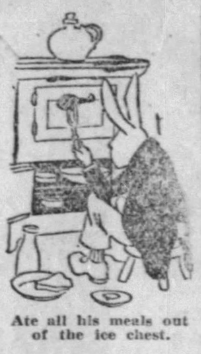 Chicago Tribune. Chicago, Illinois. Sunday, February 07, 1926.

From the "Mr. Nickeldick" section, written by William Donahey (1883-1970), a U.S. cartoonist and creator of "The Teenie Weenies".

Caption: "Ate all his meals out of the ice chest."

Ink drawing of a rabbit in a suit sitting on a stool in front of an open ice chest with various food on plates at his feet. He is holding aloft a drumstick on a fork.