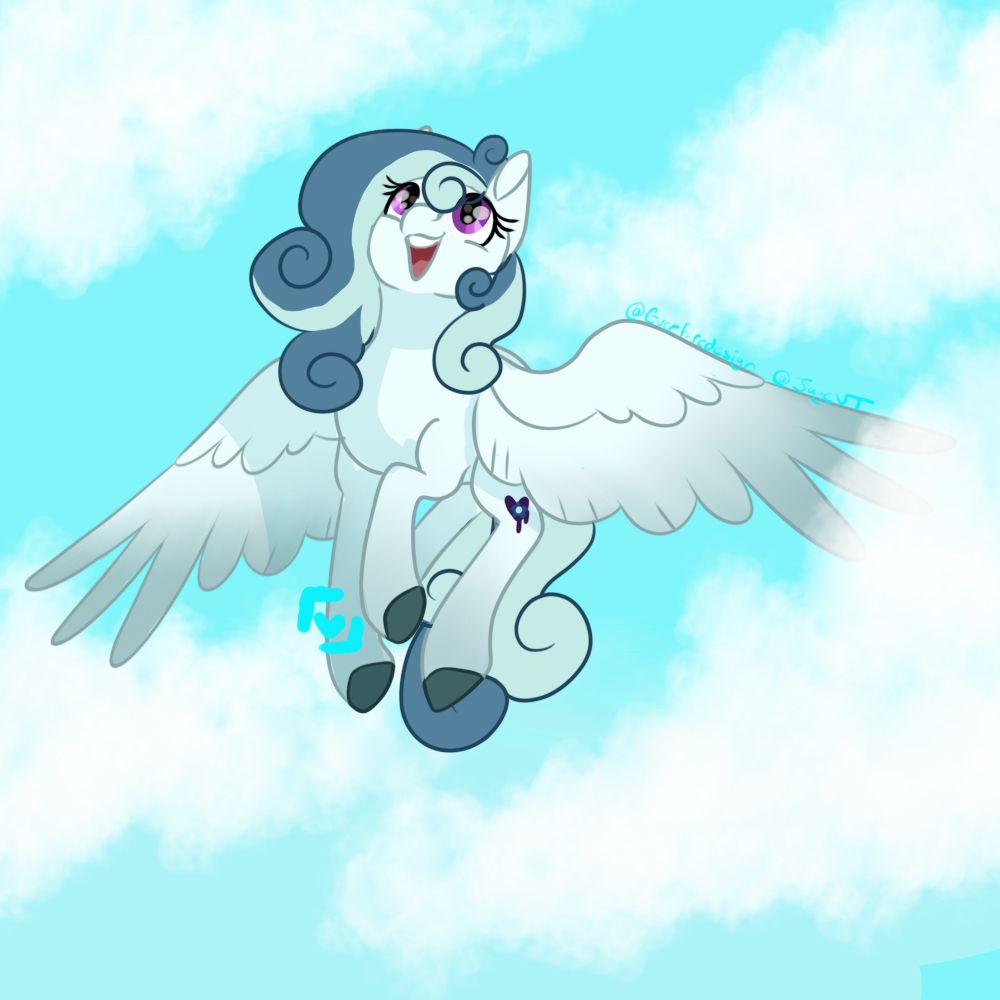 A pale Pegasus with blue hair and a purple bleeding heart cutie mark flies happily in the skies