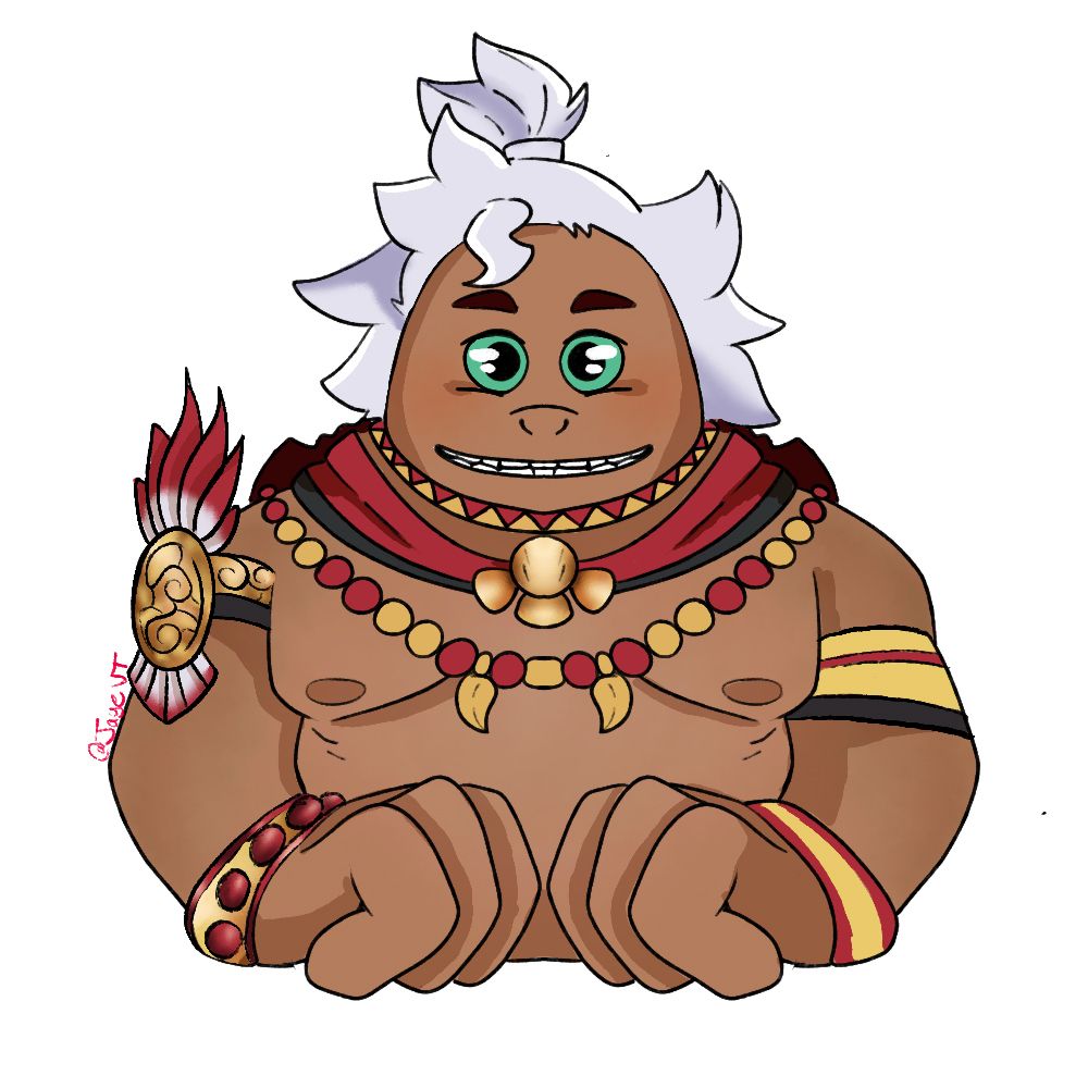 A goron from the legend of Zelda franchise with gold and red jewelry and a red and black bandana. 