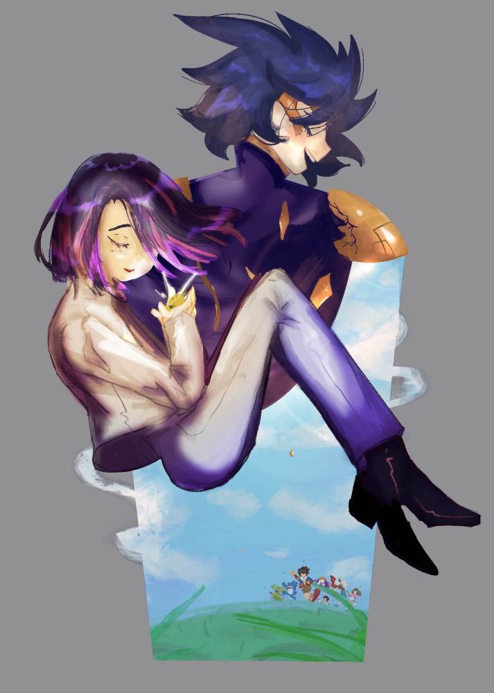 Image of a standee design of Ken from Digimon, featuring him smiling in front of a crumbling image of Kaiser, and his 02 friends in front of a blue sky 