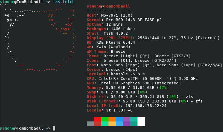 fastfetch output FreeBSD 14.3 
KDE Plasma 6.4.4 ] Wayland