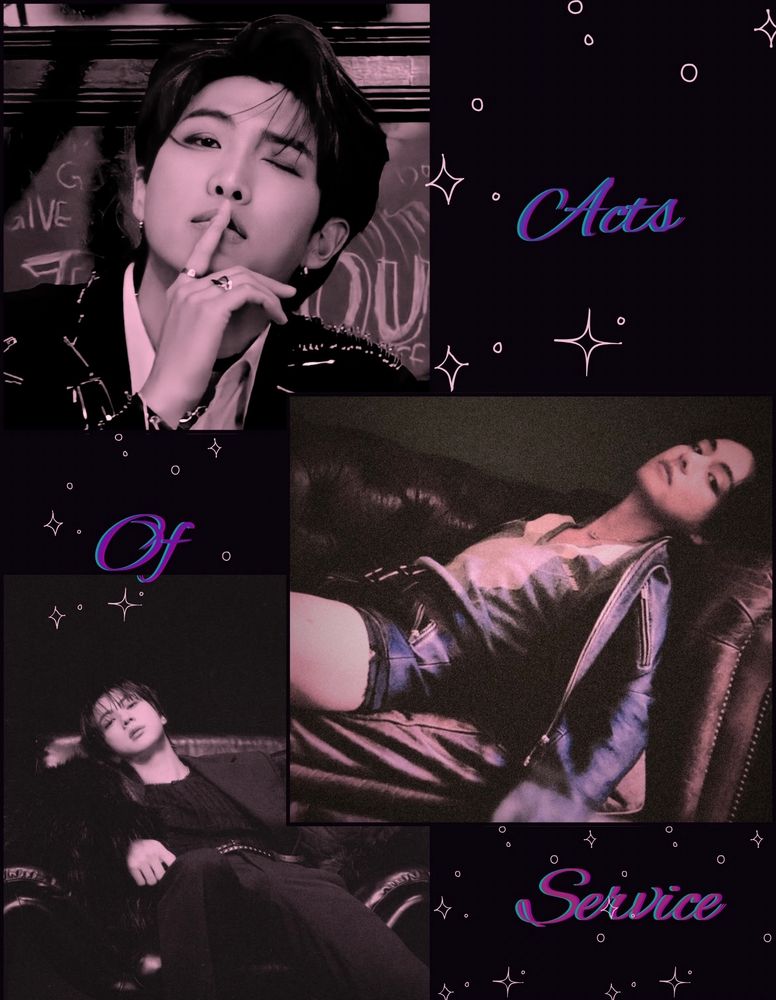 a moodboard for acts of service. nj is winking w a finger on his mouth and hair pushed back and tae is reining on a couch and jin is reclining on a chair and it says acts of service. everything is in muted tones