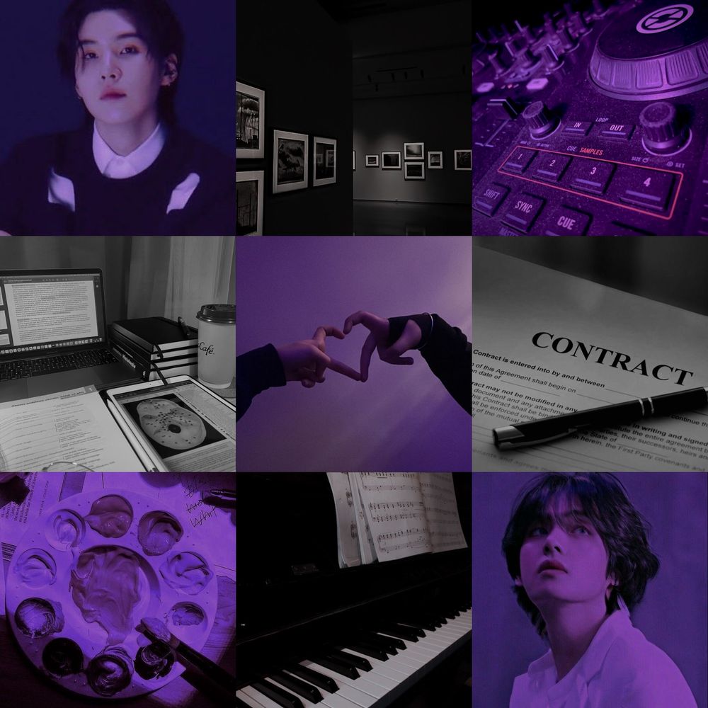 Mood board for More Than Enough to be Loved. There’s purple grey and black tones in the asexuality flag colors as well as a pixture of a piano, a contract, a paint palette, and music equipment
