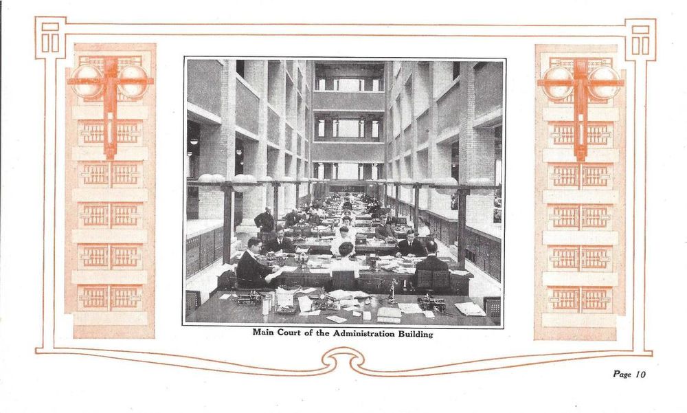 Interior view of the main court of the Larkin Administration Building, designed, constructed 1903–1906, now demolished, at Buffalo New York. Frank Lloyd Wright, architect.