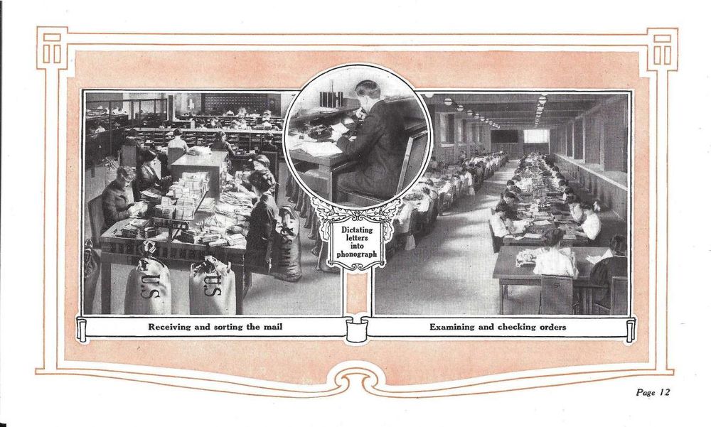 Larkin Administration Building, designed, constructed 1903–1906, now demolished, at Buffalo New York. Frank Lloyd Wright, architect. Interior views showing various department, mail room and order rooms. 