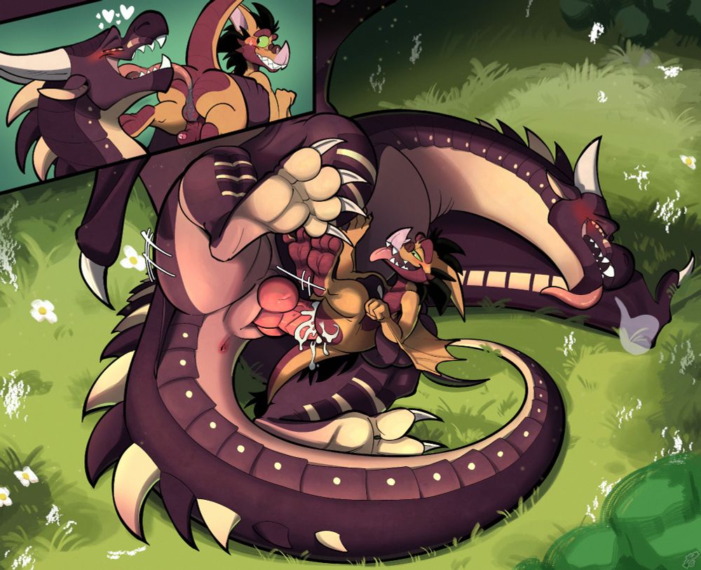 Top left: Dawnchaser is licking Johnny's balls, taint, and anus lovingly while holding him up.

Main: Dawnchaser is anally penetrating Johnny while lying on his side, huffing as he's ejaculating inside the bat.
