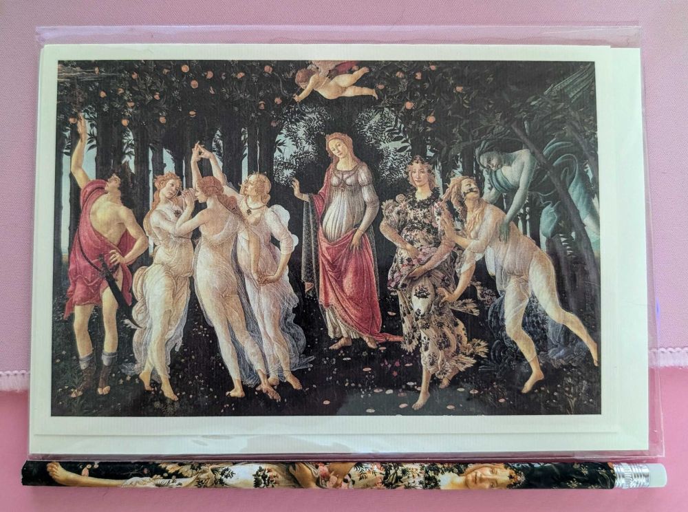 A greetings card art print and pencil featuring Botticelli's La Primavera from the Uffizi Gallery
