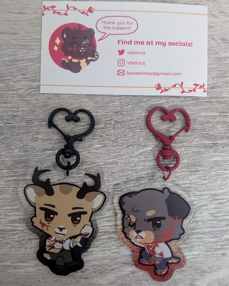 Back side of the acrylic keychains, showing bloody alternative versions of the art 