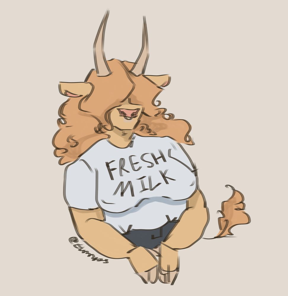 Drawing of Honeycrisp wearing a shirt that says “Fresh Milk” . The joke is that she’s a cow