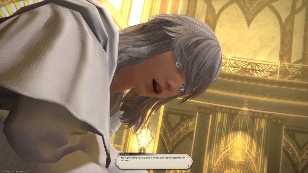 Themis is still crouched on the floor, his Ancient blue-gray eyes lit with realization. "You've grasped the fraying strands of my being and tied them together with your own..." 