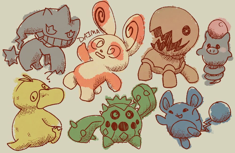 A sketch page full of loosely colored pokemon with a crayon-like texture. From the top left across shows a banette snickering mischievously, a spinda leaning back and about to fall, a trapinch excitedly looking to it's side, and a spoink with a gleam in it's eyes. Bottom left to right shows a psyduck sitting with its back to the viewer, looking over it's shoulder with a blank face, a cacnea with a spiny arm raised in the air, and a happy marill skipping towards the viewer.