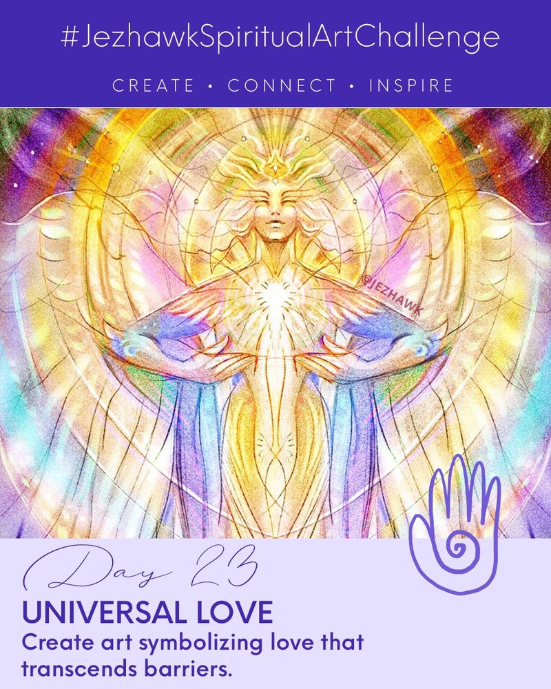 An image comprised of design elements and artwork. The top bar is purple and says "JezhawkSpiritualArtChallenge, Create, Connect, Inspire." Beneath that is a picture of a colourful angel. Below that is a pale purple bar that says "Day 23, Universal Love: Create art symbolizing love that transcends barriers."