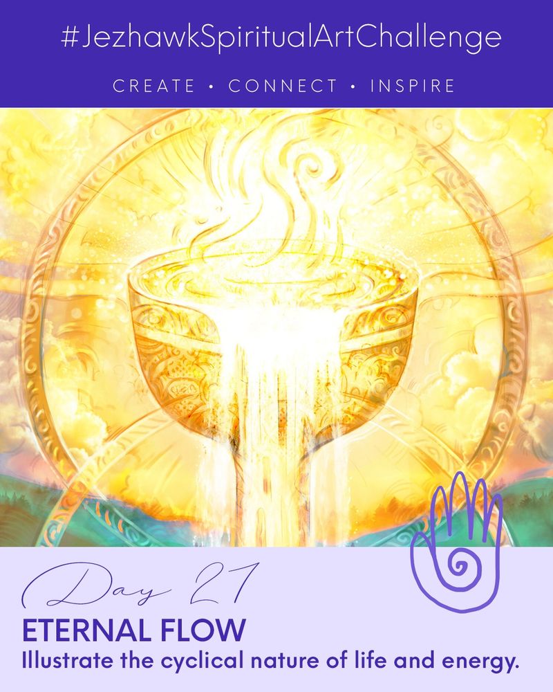 An image comprised of design elements and artwork. The top bar is purple and says "JezhawkSpiritualArtChallenge, Create, Connect, Inspire." Beneath that is a picture of golden holy grail filled with glowing golden light. Below that is a pale purple bar that says "Day 27, Eternal Flow, illustrate the cyclical nature of life and energy." 