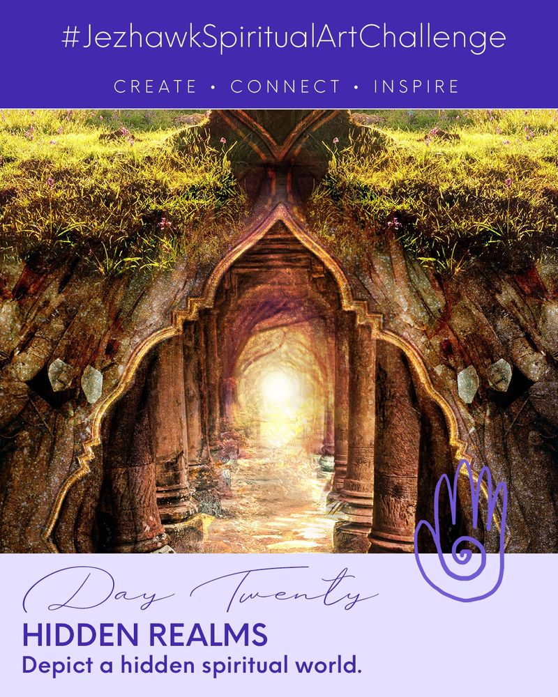 An image comprised of design elements and artwork. The top bar is purple and says "JezhawkSpiritualArtChallenge, Create, Connect, Inspire." Beneath that is a picture of a tree with a magical doorway beneath it that appears to lead to another world. Below that is a pale purple bar that says "Day Twenty, Depict a hidden spiritual world." 