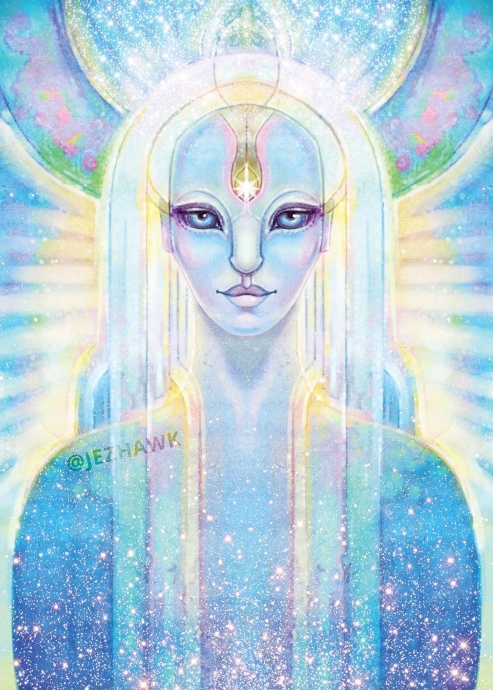 a blue being surrounded by light and shimmers. 