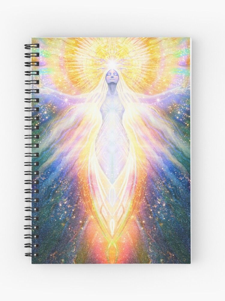 Birthright spiralbound notebook features a divine goddess with her brow radiating a beautiful star and surrounded by cosmic sparkles. 