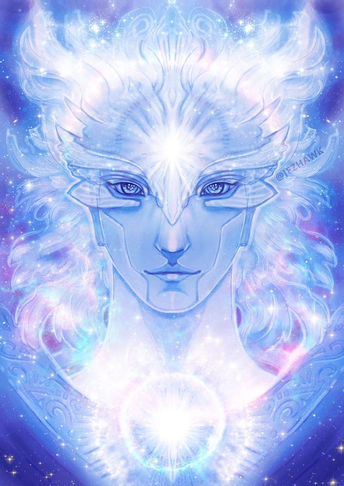 A beautiful blue being with a star on its forehead and lots of cosmic star sparkles around it. 