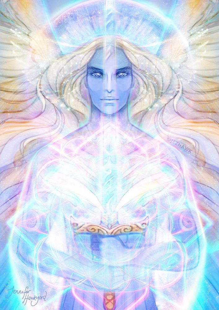 An angel with blue skin and pale blonde hair, he holds an energetic sword above his head. 