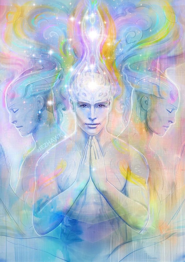 Dream Weaver. A beautiful being looks out at the viewer, his hands held in prayer, his head seems to be connected via ribbons of energy and light to the beings that sit in meditation either side of him. 