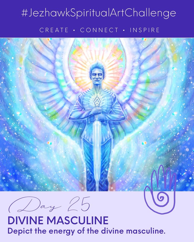 An image comprised of design elements and artwork. The top bar is purple and says "JezhawkSpiritualArtChallenge, Create, Connect, Inspire." Beneath that is a picture of Archangel Michael surrounded by electric blue and holding the sword of truth. Below that is a pale purple bar that says "Day 25, Divine Masculine, Depict the energy of the divine masculine." 