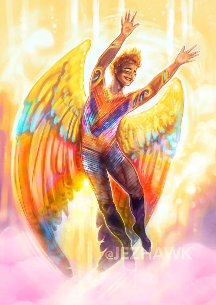 A beautiful angel flies above the clouds, his hands are raised in exuberant happiness. 