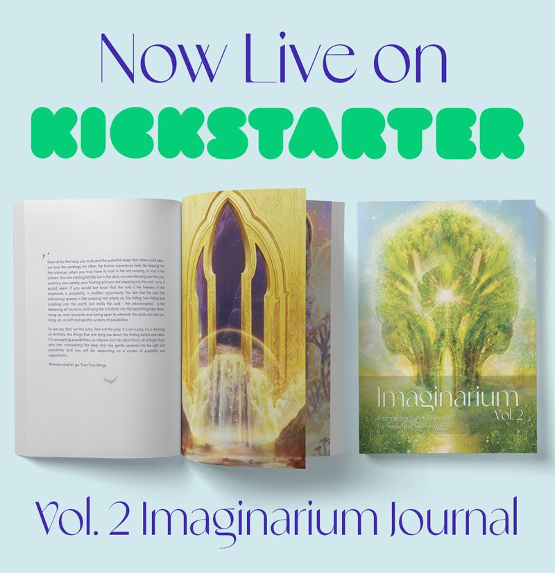 A graphic that says "Now Live on Kickstarter - Vol. 2 Imaginarium Journal" the image also shows a book that is open. 