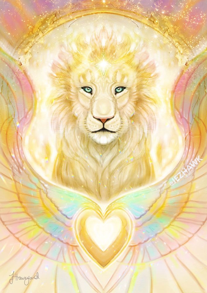 a beautiful white lion is shown within a glowing portal, in front of the lion is a shimmering golden heart with colourful wings on each side of it. There are gold sparkles in the air all around. 