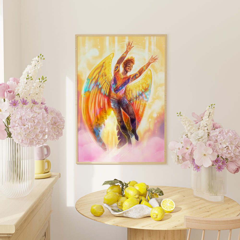 A beautiful colourful angel artwork is shown in a frame within a clean and bright room.